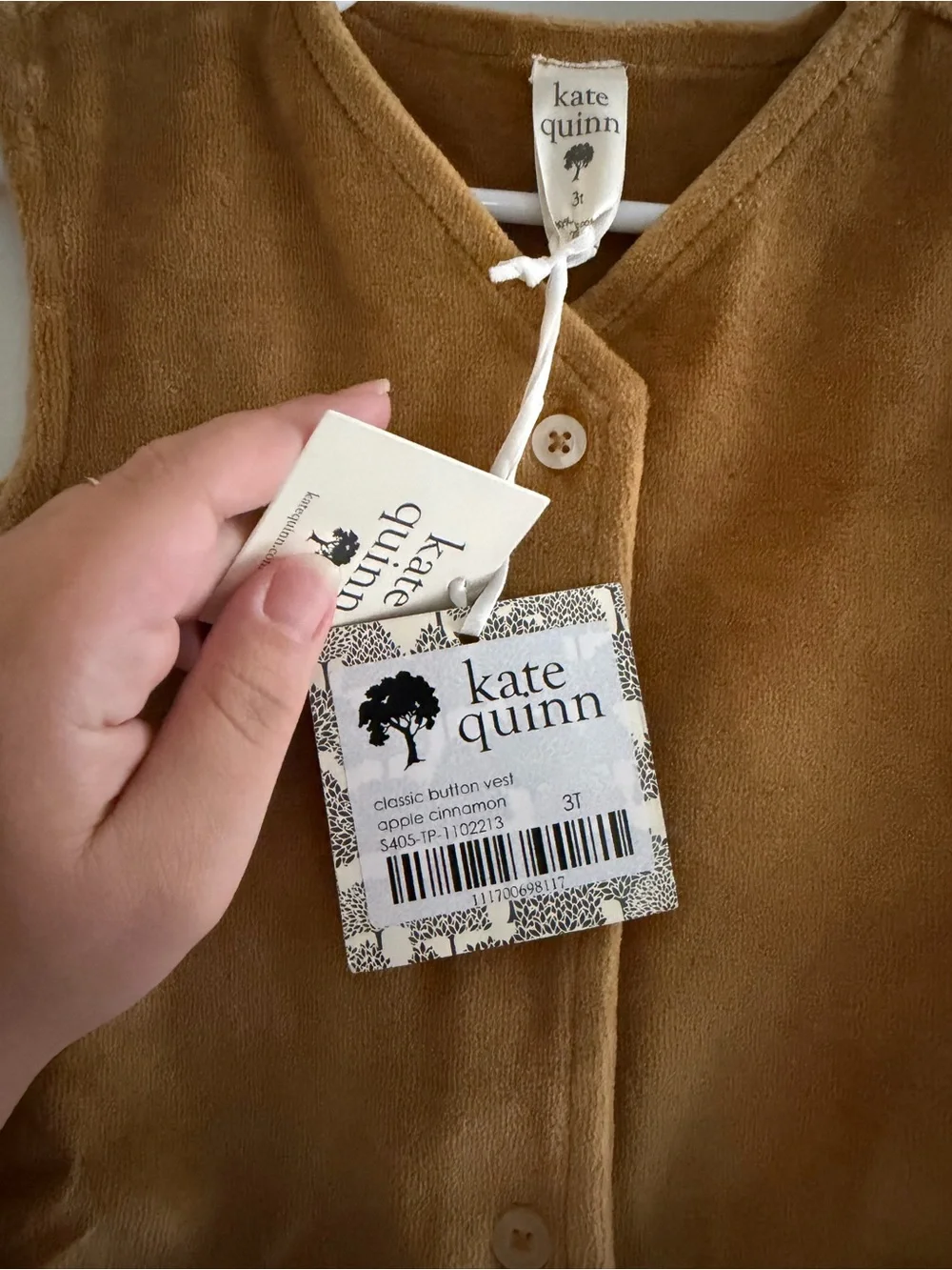 NWT Kate Quinn Classic Button Vest Apple Cinnamon Organic Cotton Velour 3T - Picture 2 of 4